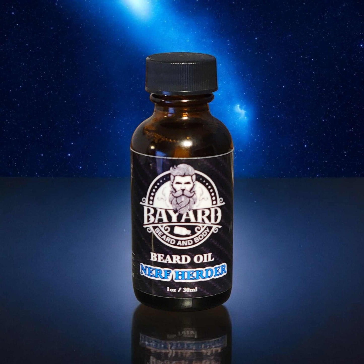 Nerf Herder Beard Oil with a Blue galaxy background