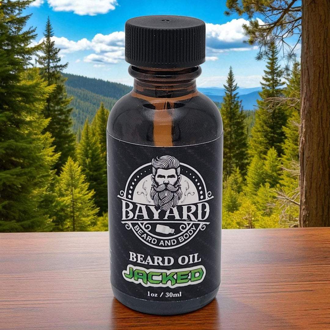 Jacked Beard Oil on a wood ledge overlooking a pine forest.