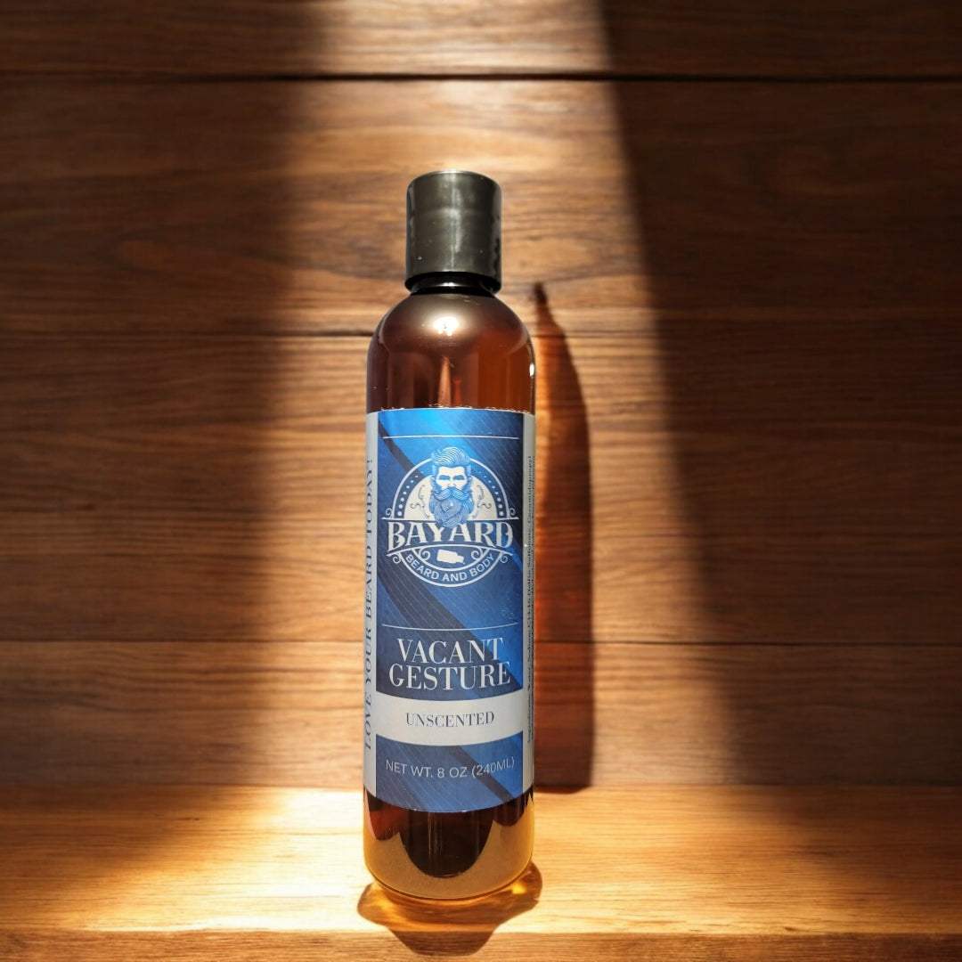 Beard wash spotlighted with a wood background