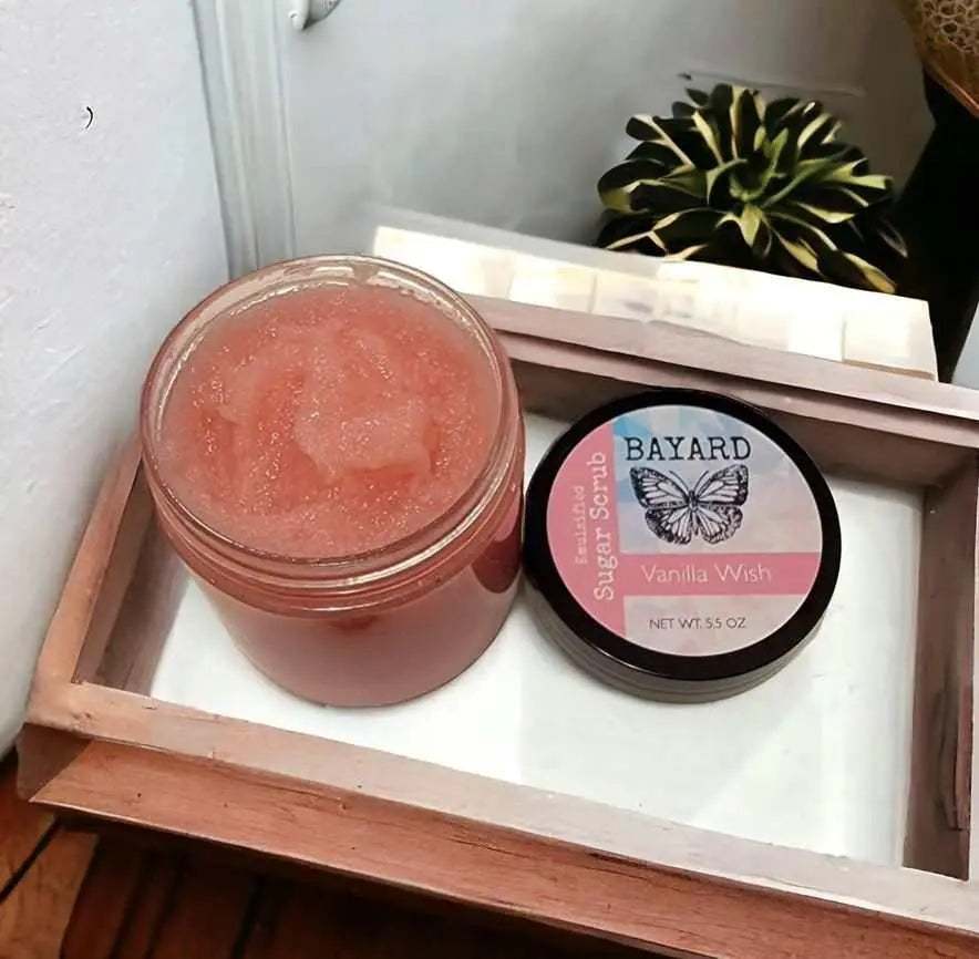 Exfoliating Sugar Scrub Vanilla Wish on a bathroom counter